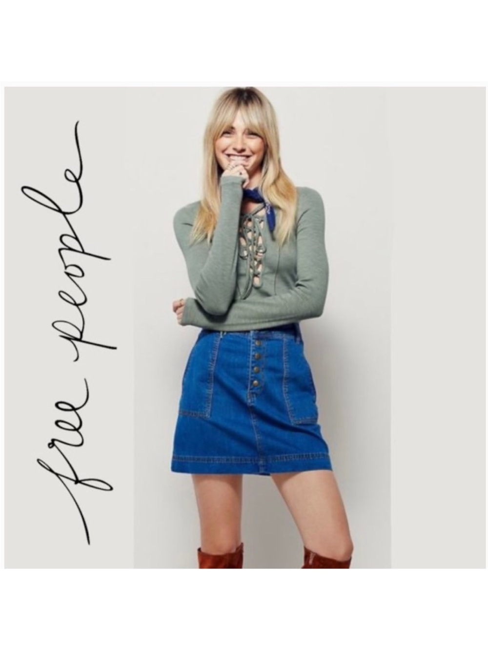 FREE PEOPLE Snap Front Denim Jean Mini Skirt A-Line Blue Pockets Cotton